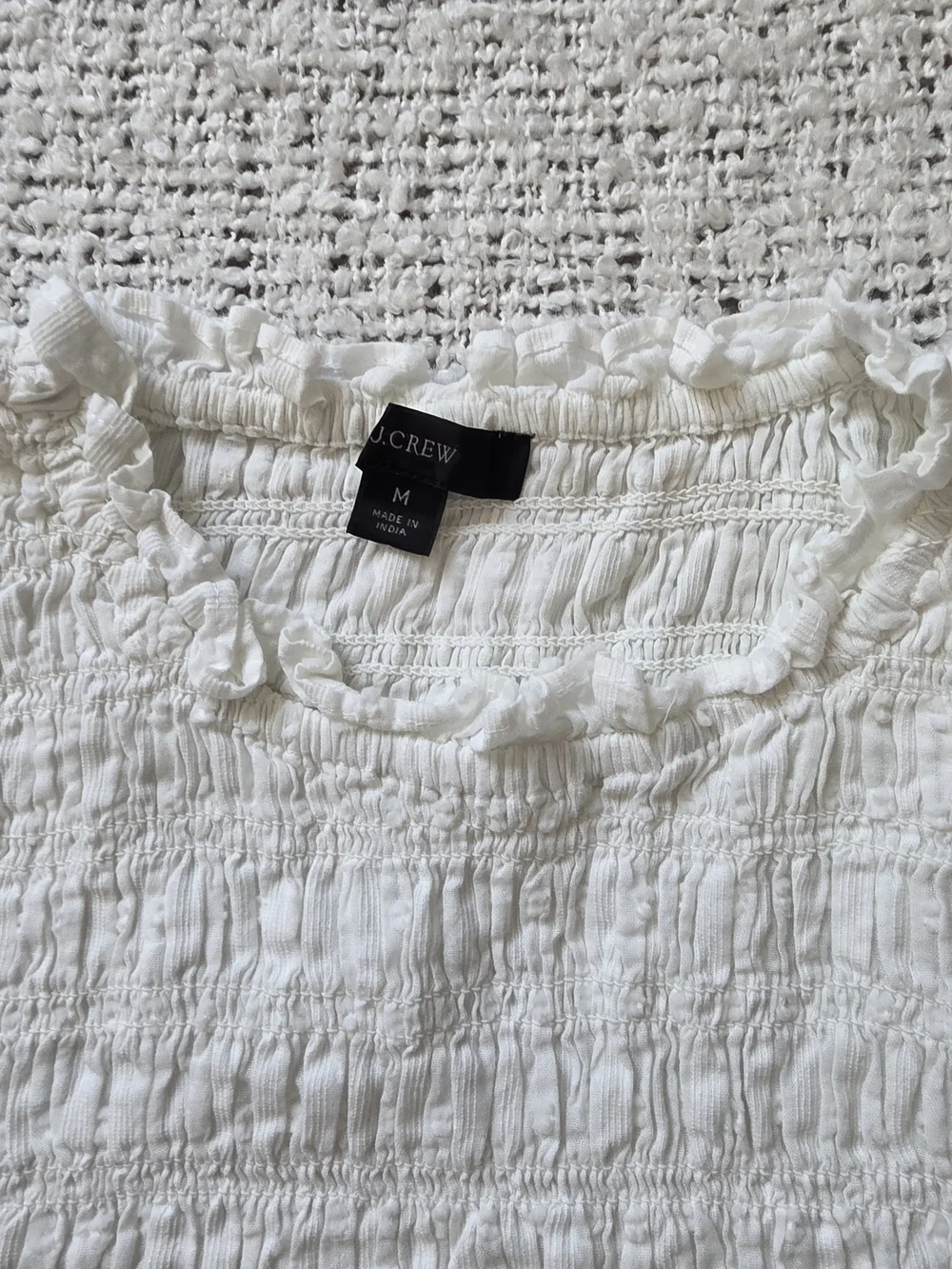J. Crew White Smocked Puff Sleeve Blouse